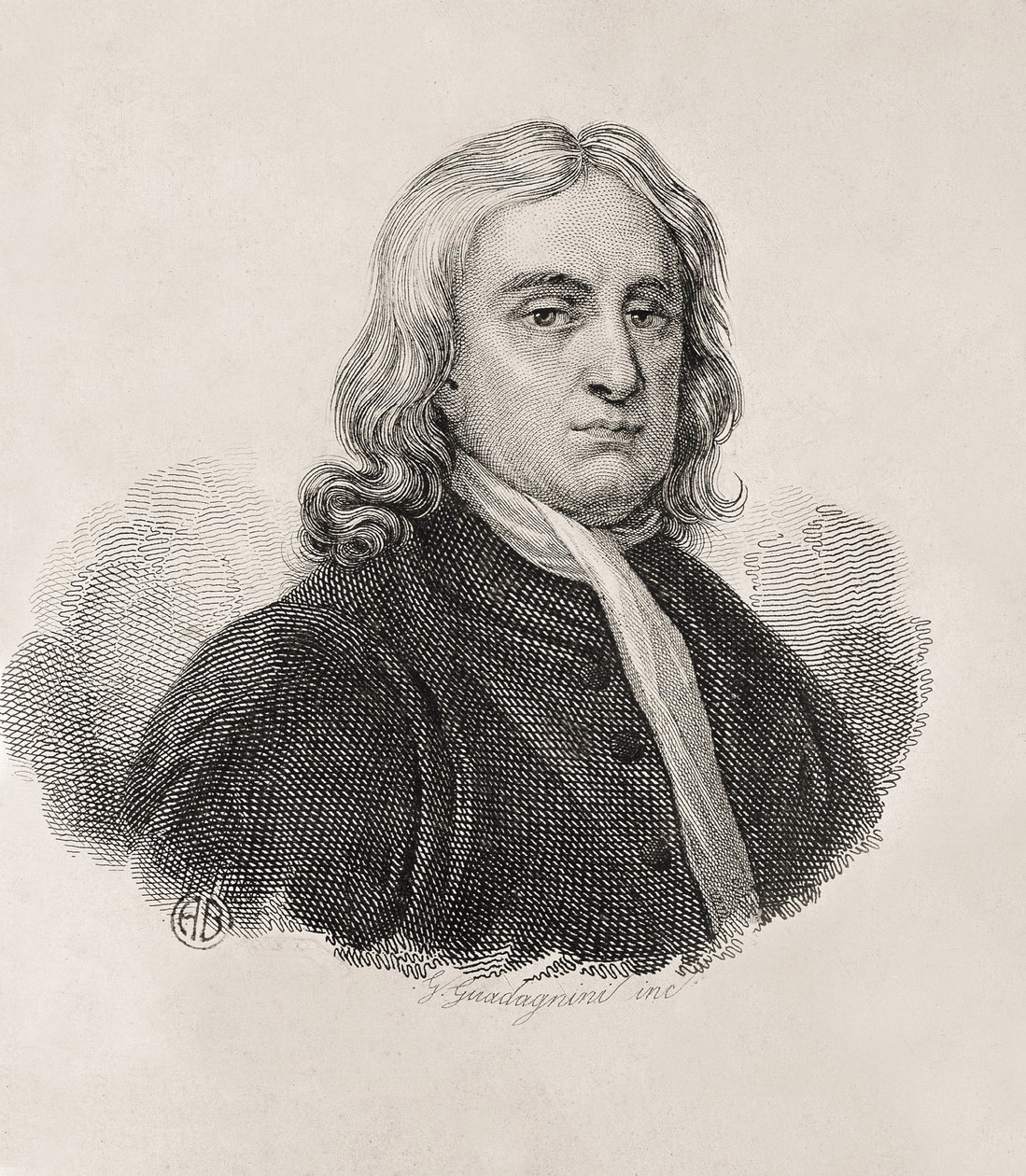 Newton, Sir Isaac (1642-1727). Engelsk matematiker, fysiker og astronom; GUADAGNINI, Gaetano (1800-1860). Italiensk gravør. Portræt af Isaac Newton, værk af Gaetano Guadagnini. Gravering. ITALIEN. LOMBARDY. Milano. Civica Raccolta delle Stampe "Achi af Artist Unknown