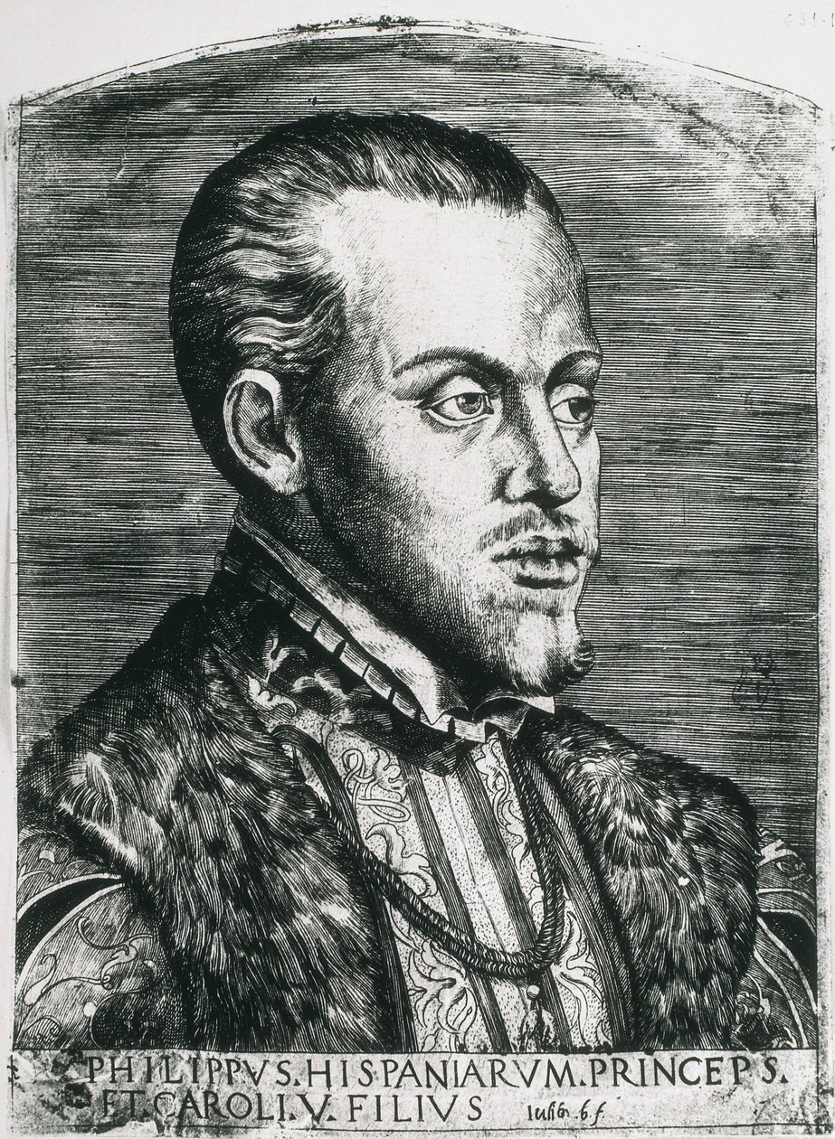 PHILIP II af Spanien (1527-1598). Konge af Spanien (1556-1598) og Portugal (1580-1598). Portræt af Philip stadig som prins. Xylografi. af Artist Unknown