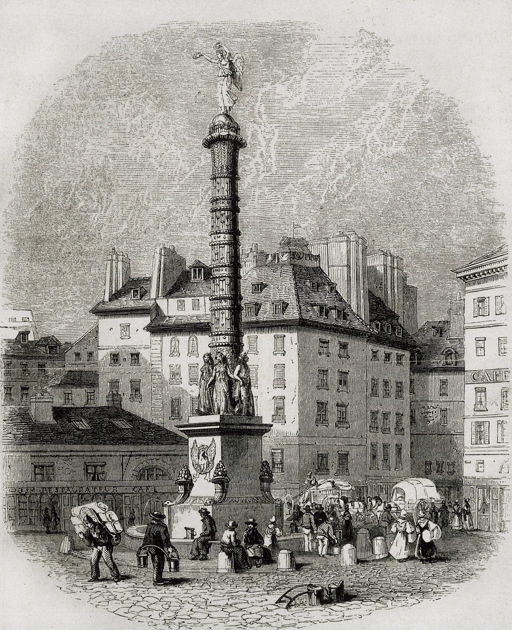 Paris. Vandsælgere foran springvandet på Place Chatelet (gravering) af Artist Unknown