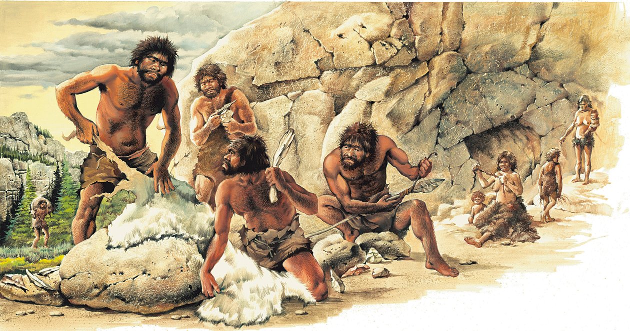 Forhistorisk palæolitisk periode: Jægere bruger huden fra dræbte dyr og laver redskaber og våben (spyd). af Artist Unknown