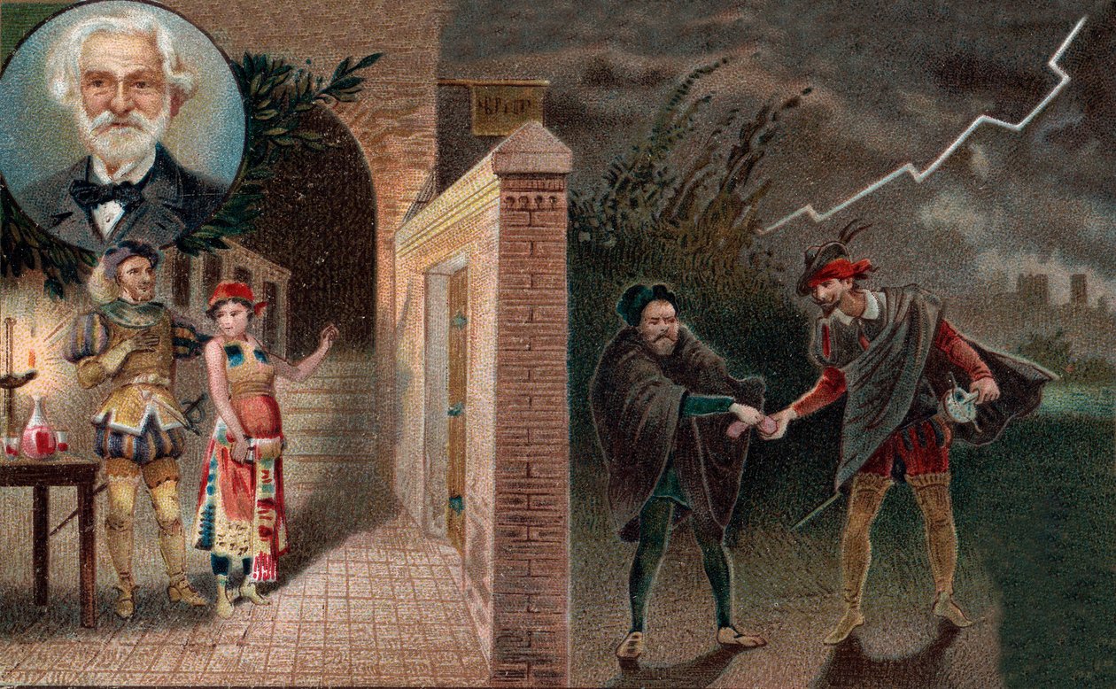 Rigoletto ansætter Sparafucile til at myrde hertugen - 3. akt, 4. scene fra operaen Rigoletto af Giuseppe Verdi af Artist Unknown