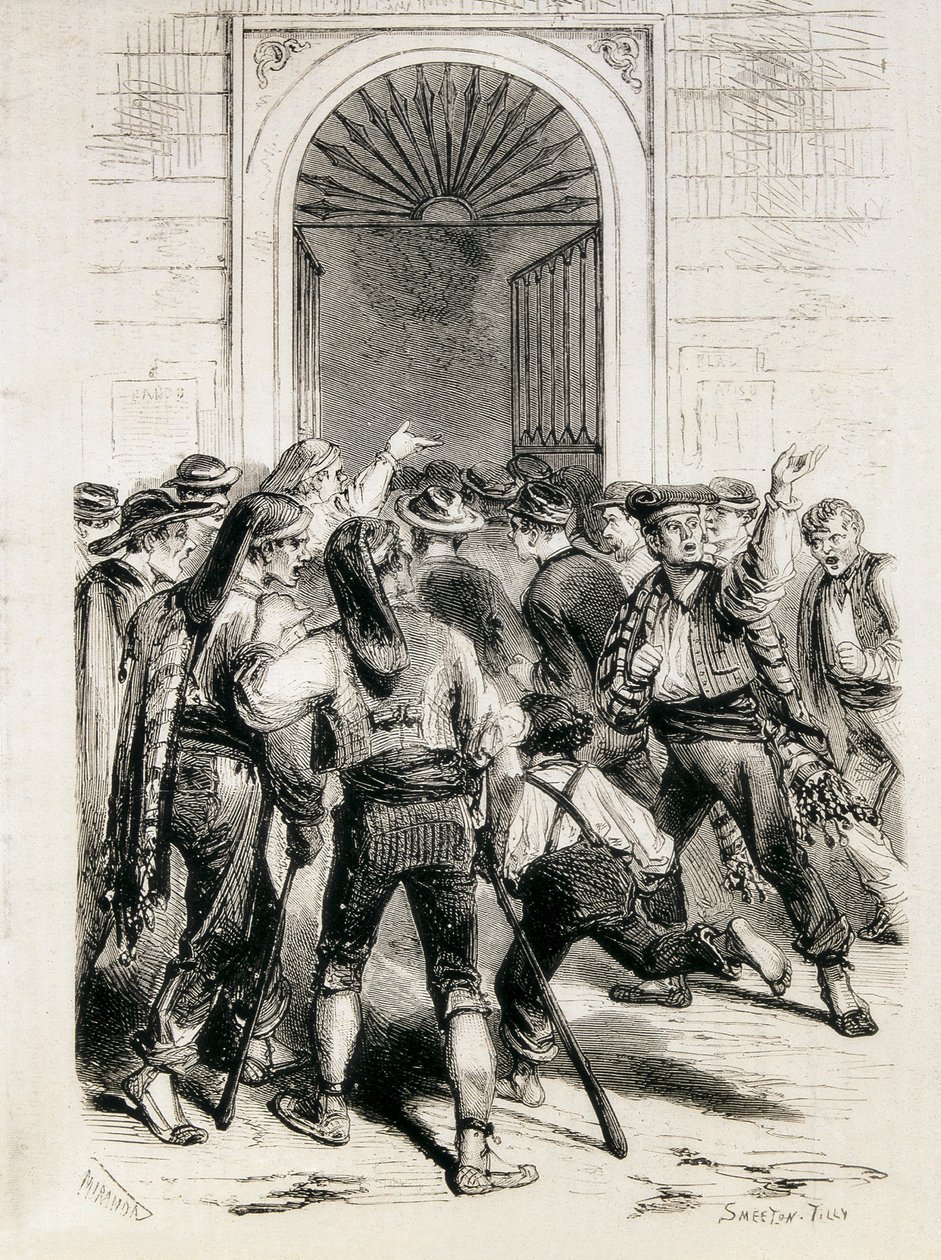 Spanien (1873). Proklamation af den første republik og stormning af Barcelonas rådhus (11. februar 1873). Ætsning. af Artist Unknown