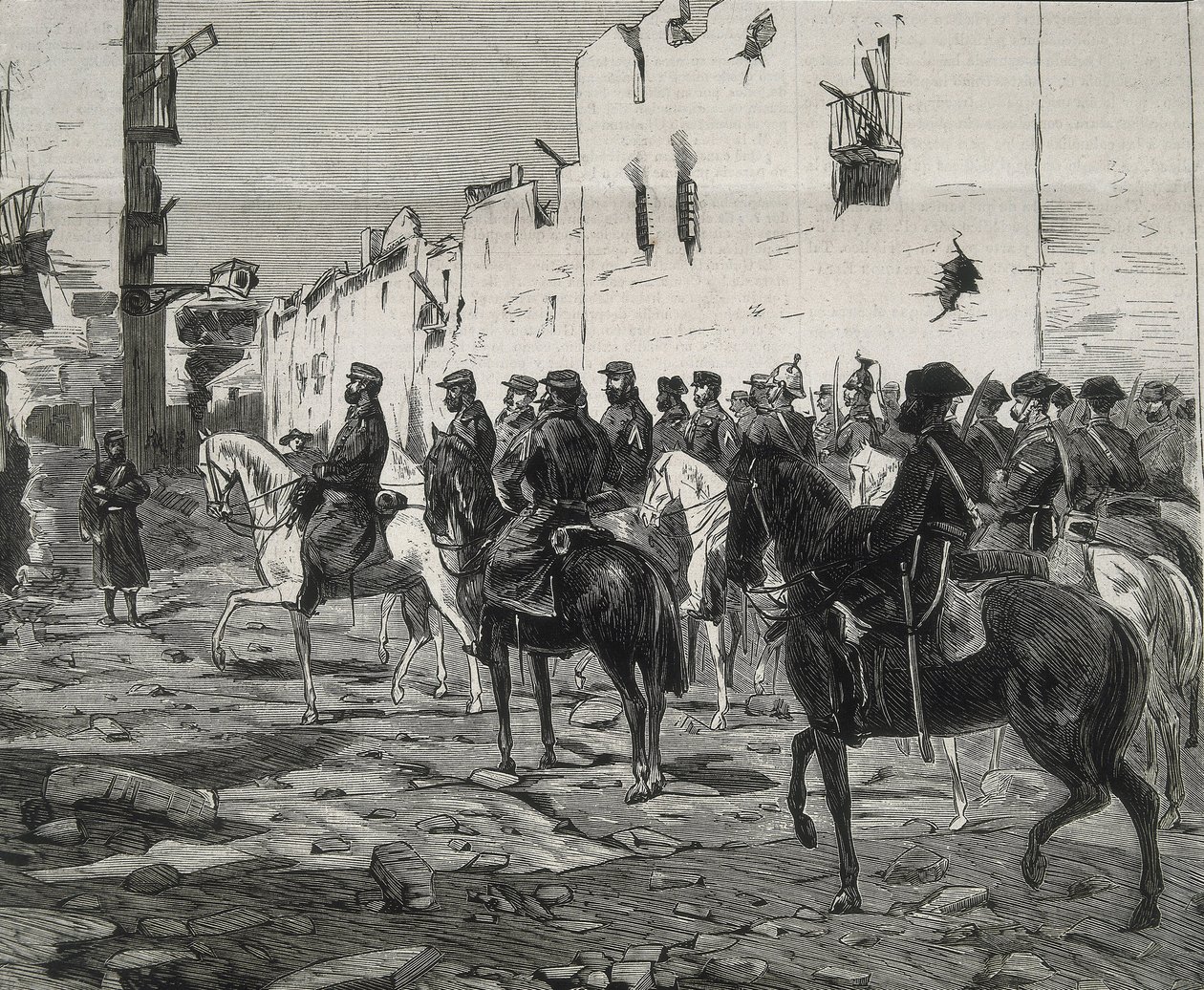 Spanien. Den første republik (1873-1874). Kantonen Cartagena. Generalen Jose Lopez Dominguez i Cartagena efter kantonalisternes kapitulation. Billedet er udgivet i "La Ilustracion Espanola y Americana". Ætsning. af Artist Unknown