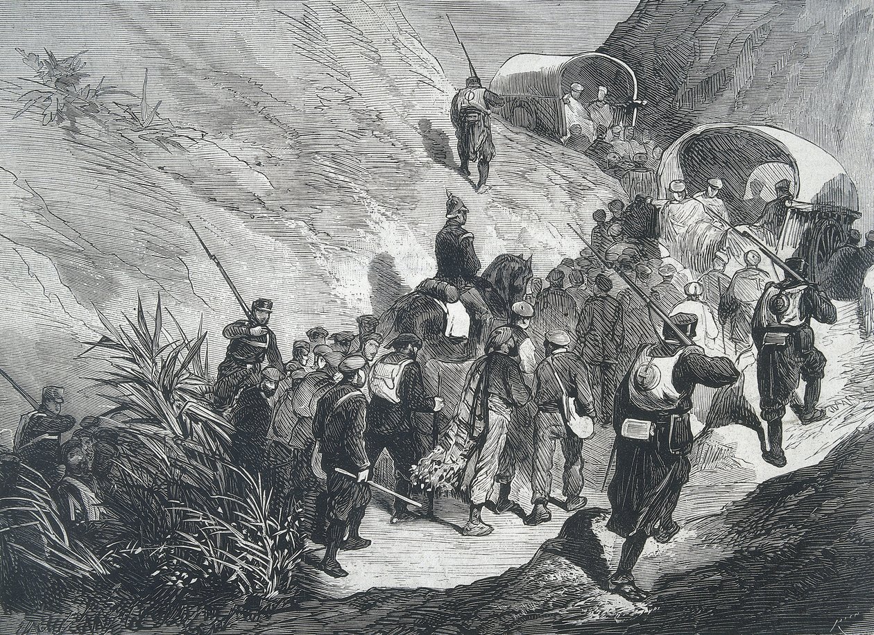 Spanien. Den tredje carlistkrig. Carlist-fanger går over bjergene i Emporda (Catalonien). Gravering. af Artist Unknown