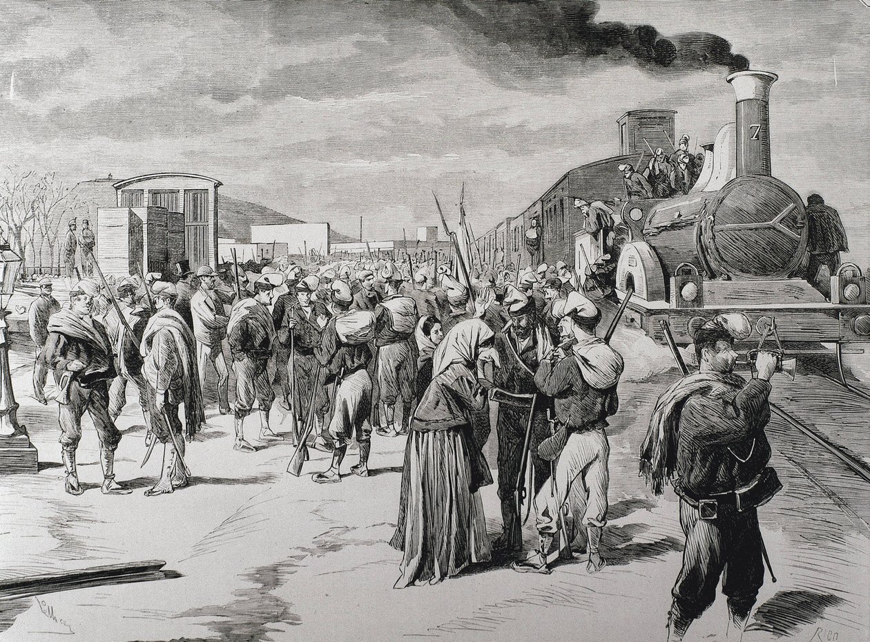 Spanien. Tredje carlistiske krig. Afgang af en frikorpsbataljon mod Carlisterne fra Barcelona. Billede fra "La Ilustracion espanola y americana" (8. april 1873). Gravering af Artist Unknown