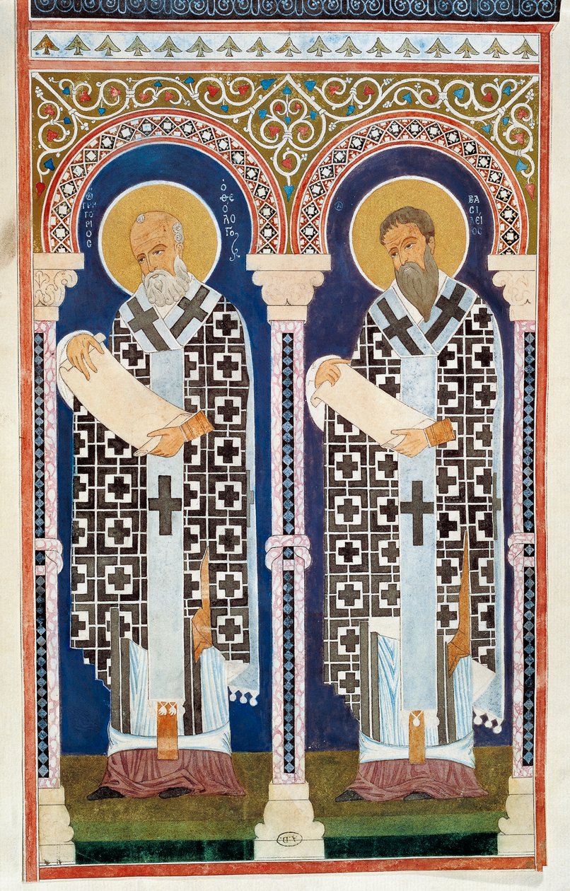 Gregor af Nyssa og Basilius den Store, fædre til den græsk-ortodokse kirke, gravering, 4. århundrede af Artist Unknown