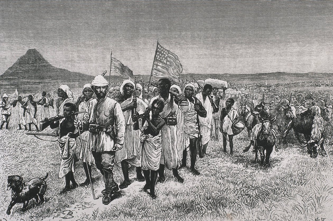 Stanley, Sir Henry Morton (1841-1904). "Through the Ounyoro", illustration til den franske udgave af værket "Through the Dark Continent". Ætsning. FRANKRIG. ILE-DE-FRANCE. Paris. Biblioteket for dekorativ kunst af Artist Unknown