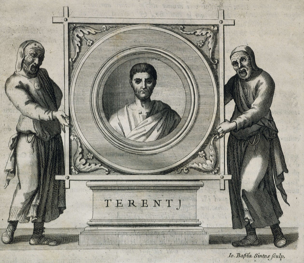 TERENCE, Publius Terentius Afer (190-154 f.Kr.). Dramatiker under den romerske republik. Gravering. 1736. Stik af Artist Unknown