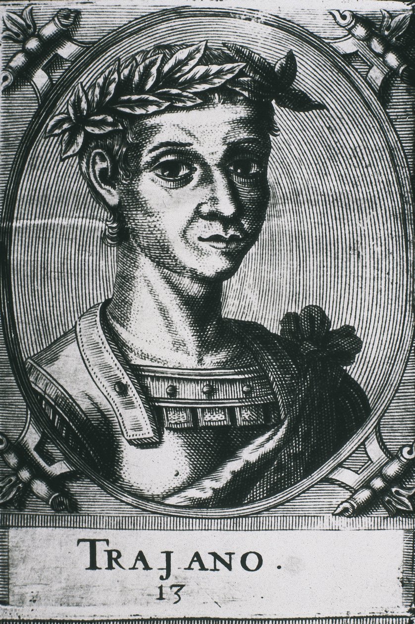 TRAJAN, Marcus Ulpius Traianus (53-117). Portræt af Trajan med laurbær. Detalje af den originale gravering. Gravering. af Artist Unknown