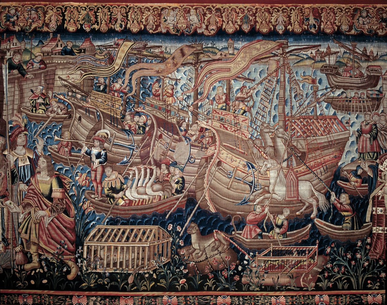 Den portugisiske søfarer Vasco de Gama (1459-1524) ankom til Calicut i Indien i 1498, detalje, billedtæppe af Artist Unknown