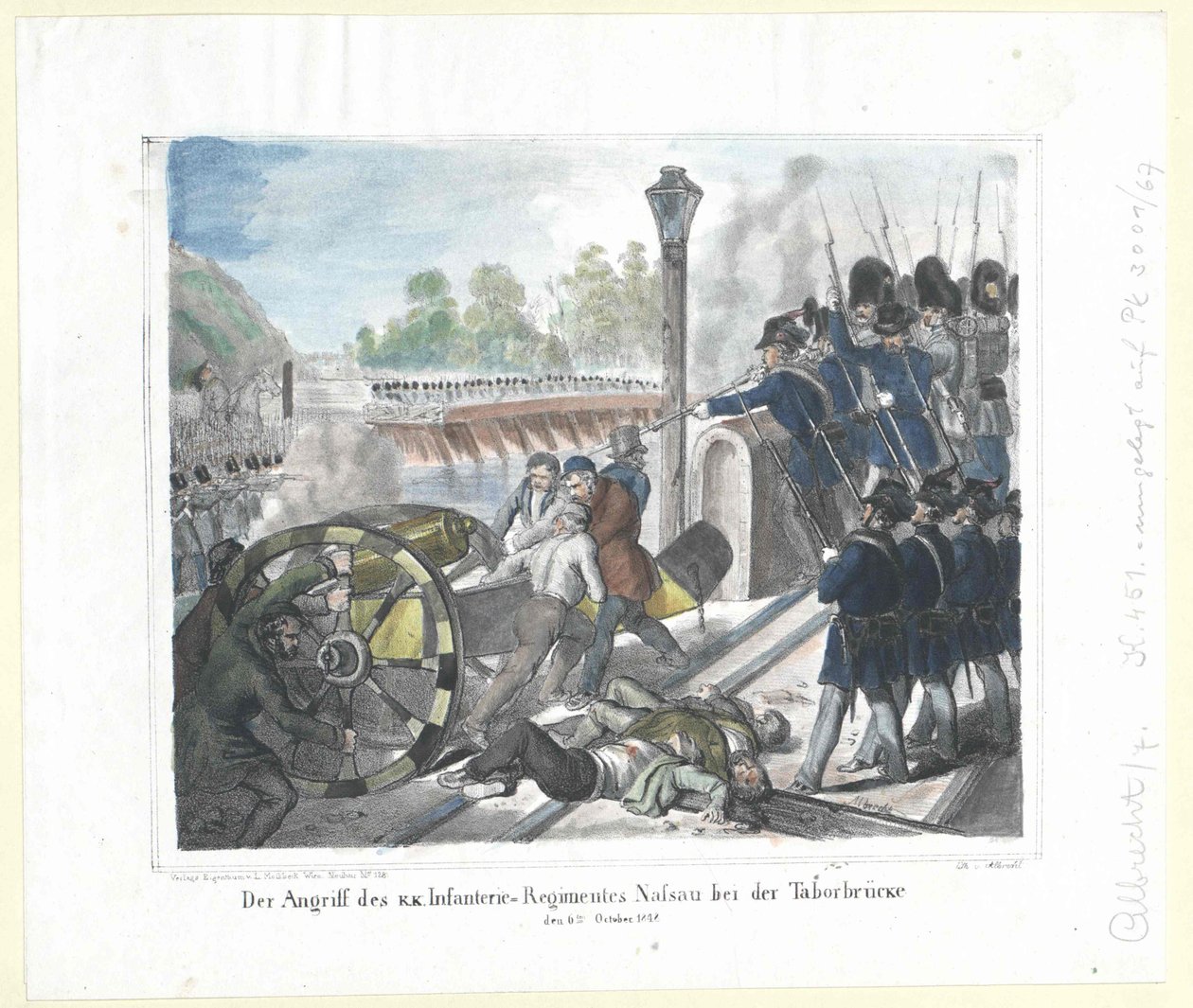 Angrebet fra det k. k. Infanteriregiment Nassau ved Taborbruecke (Taborbroen) den 6. oktober 1848 af Artist Unknown