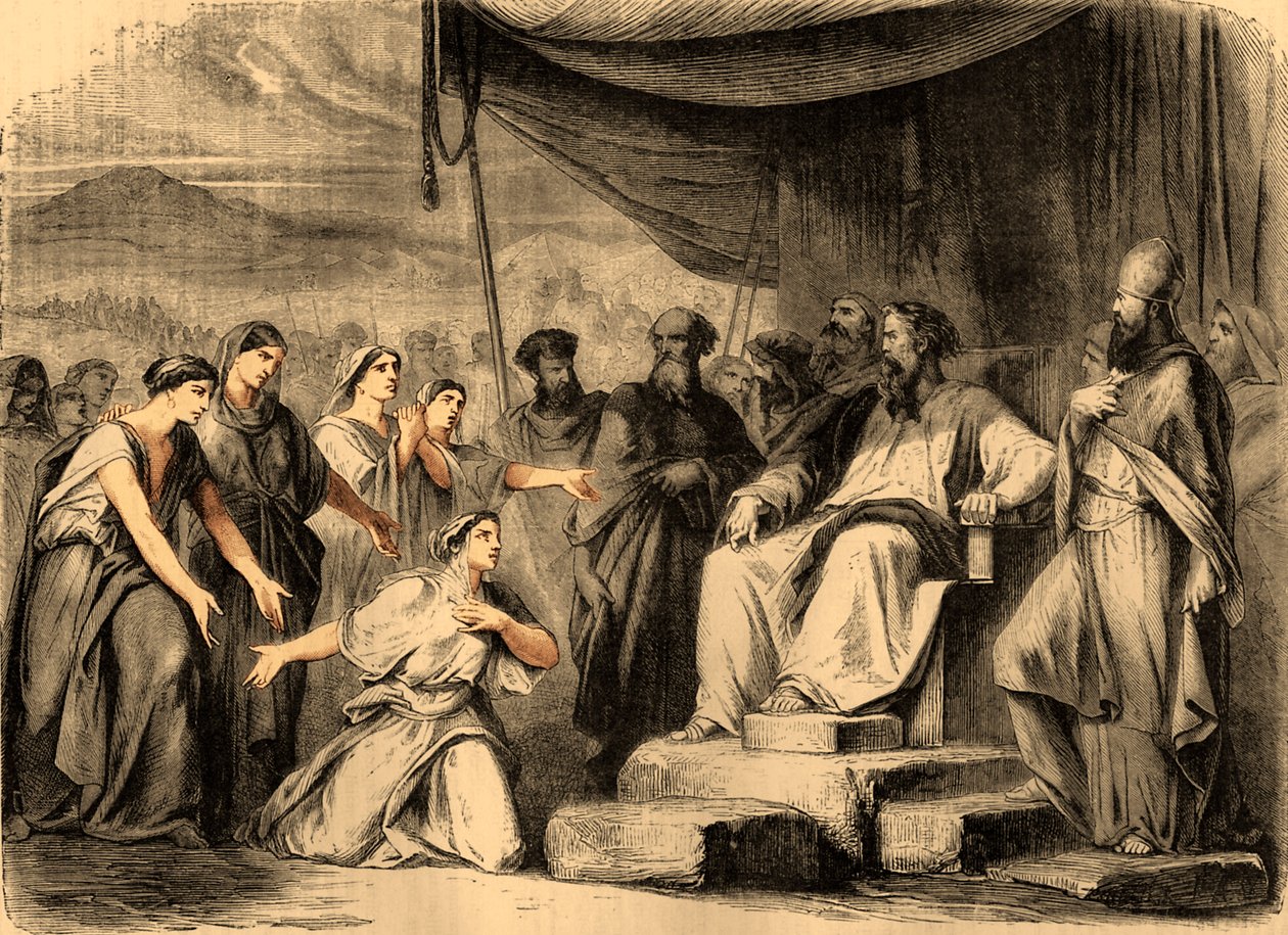 Zelofehads døtre foran Moses (print) af Artist Unknown