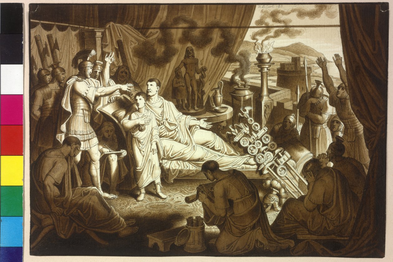 Den døende kvindelige kejser Mark Aurel råder Pertinax til sin søn Commodus af Artist Unknown
