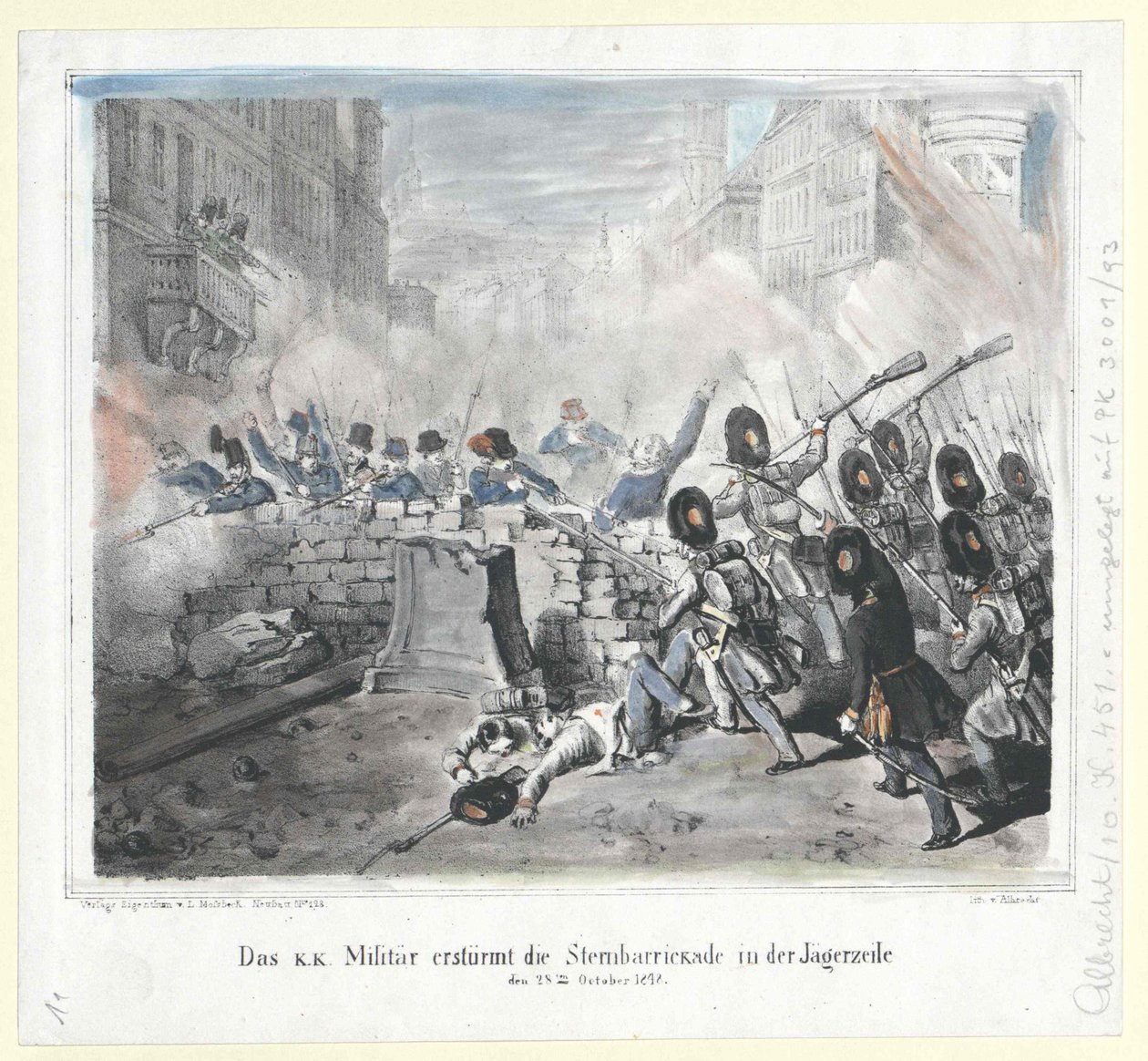 Det k. k. militær stormer Sternbarrickade i Jaegerzeile den 28. oktober 1848 af Artist Unknown