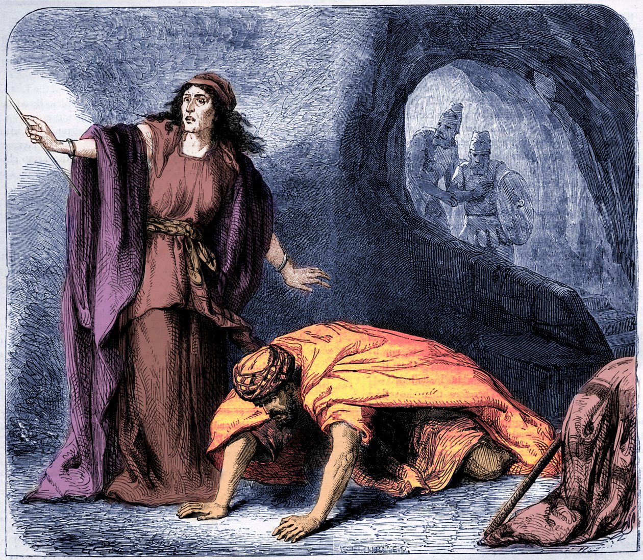 Opdragelsen af Samuel af heksen fra Endor -Bibelen (print) af Artist Unknown