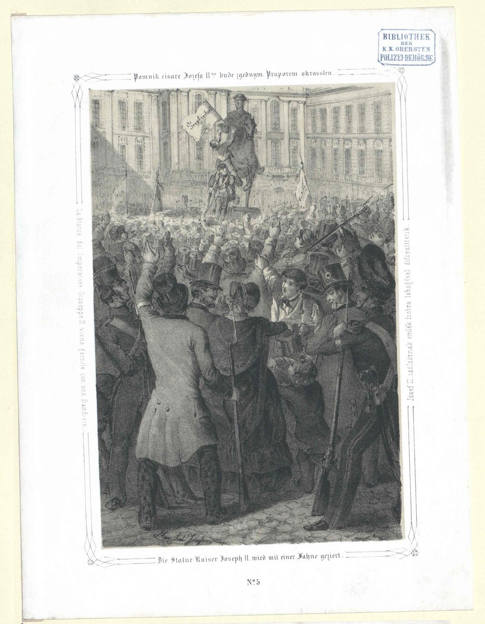 Statuen kejser Joseph II vil med et flag dyrebare af Artist Unknown