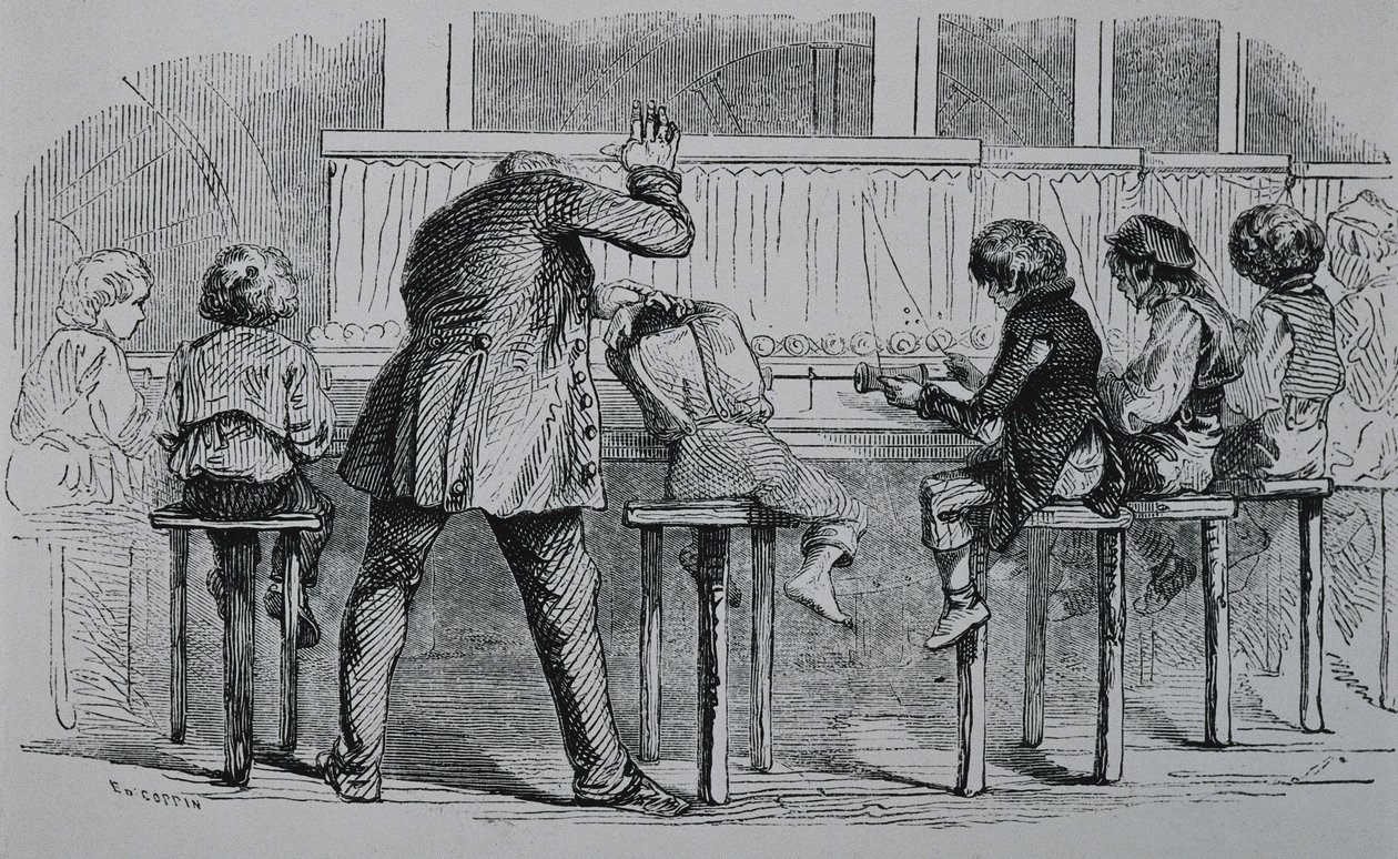DET FORENEDE KONGERIGE. ENGLAND. Den industrielle revolution. Børn bruger maskiner på en tekstilfabrik. Gravering. af Artist Unknown