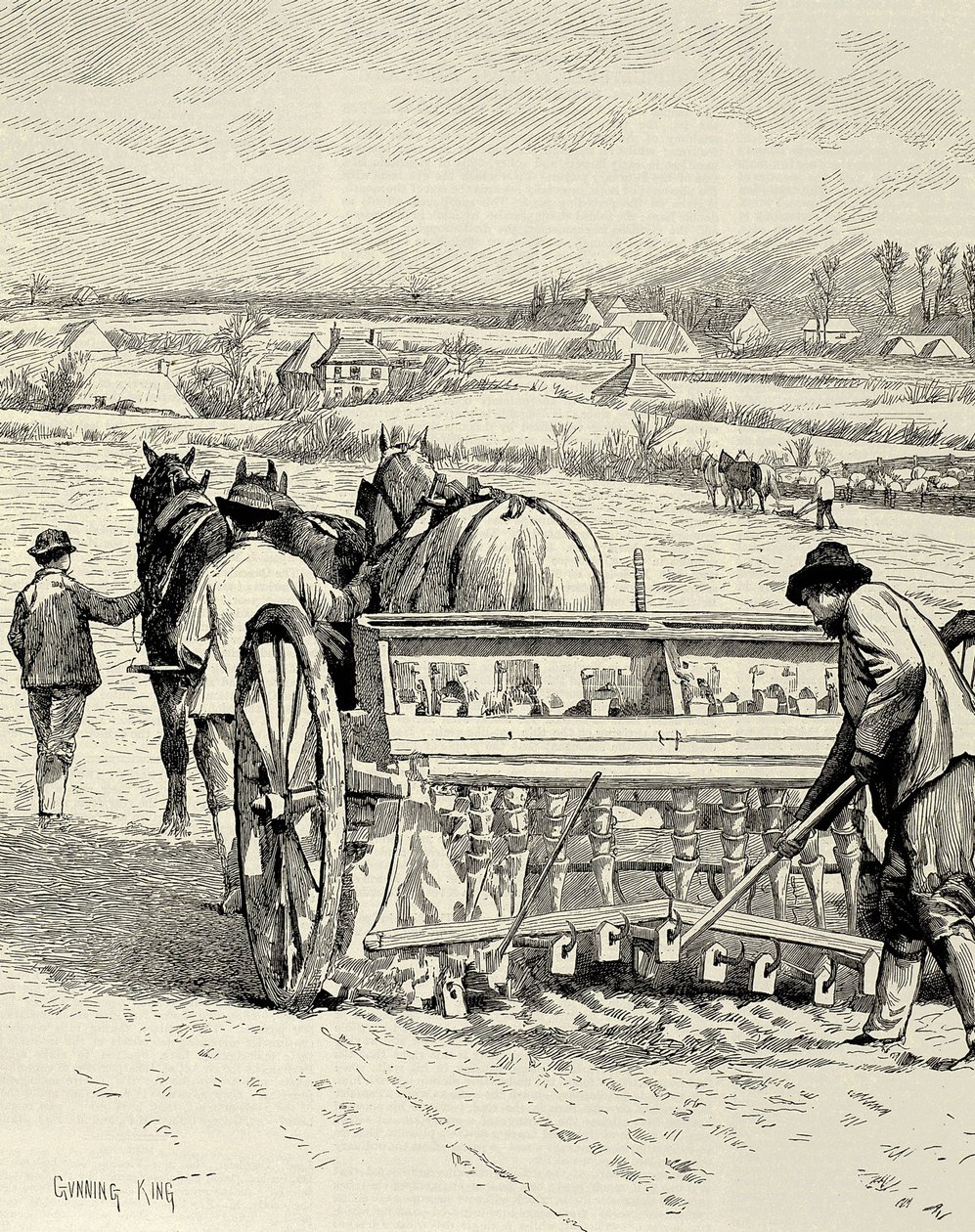 DET FORENEDE KONGERIGE. ENGLAND. Den industrielle revolution. Boremaskine opfundet af Jethro Tull. Såning af byg i februar. Tegning af Gunning King udgivet i "The Illustrated London News". Gravering. af Artist Unknown
