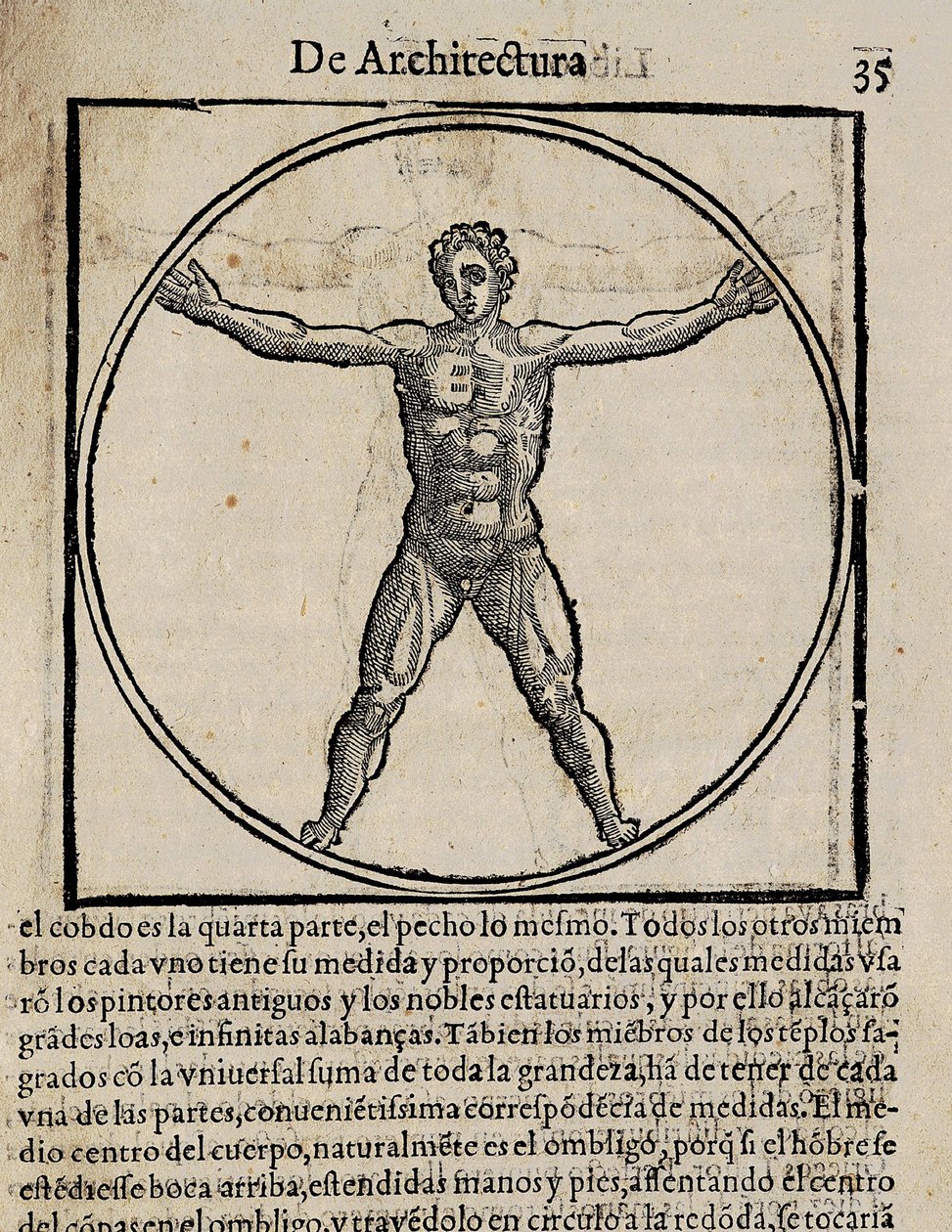 VITRUVIUS, Marcus Vitrubius Pollio (1. århundrede f.Kr.). "De Architectura" (Om arkitektur), med oversættelse til spansk af Miguel de Urrea. Redigeret i Alcala de Henares af Juan Gracian (1582). Illustration af side 35 med menneskekroppens kanon. Xylografi af Artist Unknown