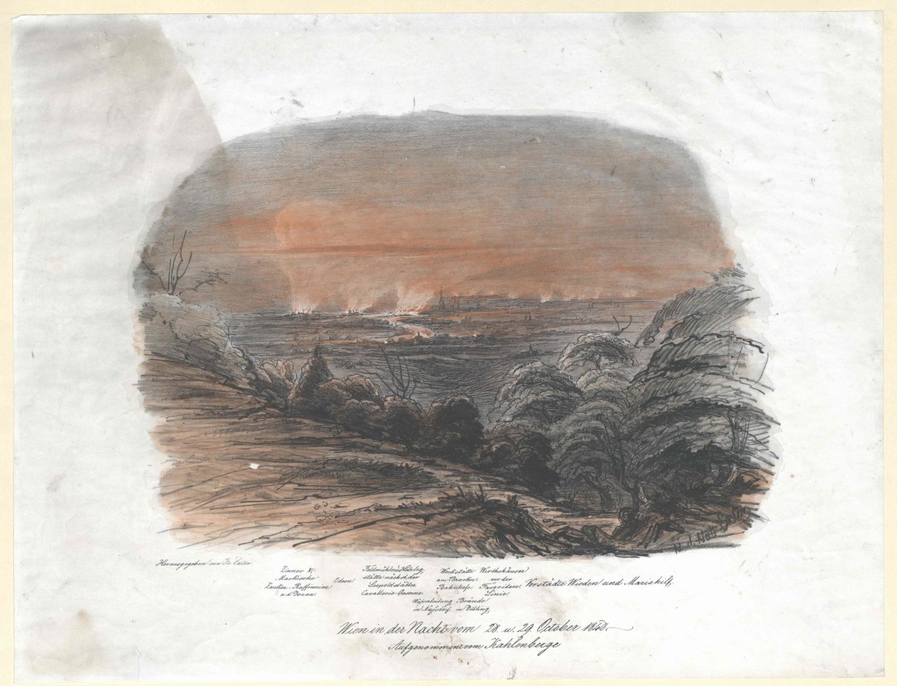Wien om natten fra den 28. og 29. Oktober 1848. optegnelse fra Kahlenberge (top) af Artist Unknown