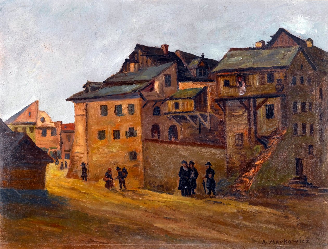 ""Udsigt over det jødiske kvarter i Krakow, Polen"" Jødisk kvarter i Krakow af Markowicz, Artur (1872-1934), - Olie på lærred, 21x27,5 - Privat samling af Artur Markowicz