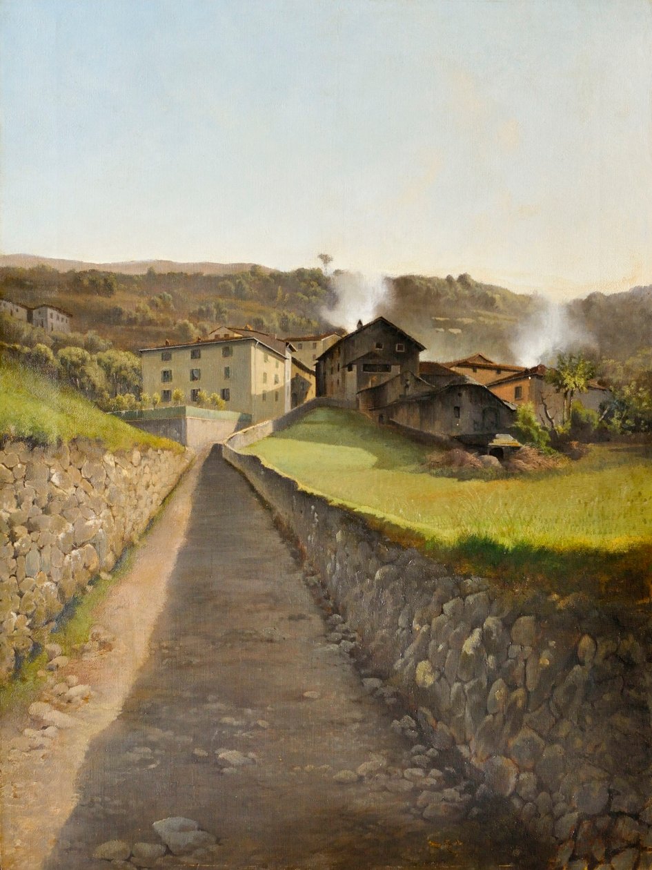 Landsby med vej og huse, ca. 85 (olie på lærred) af Arturo Faldi
