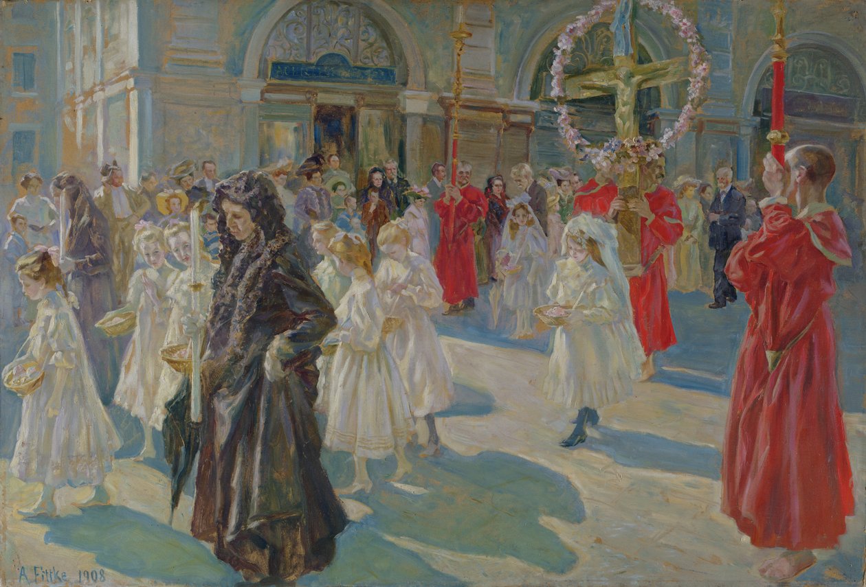 Procession af Corpus Christi på Piazza Grande i Trieste, 1908 af Arturo Fittke