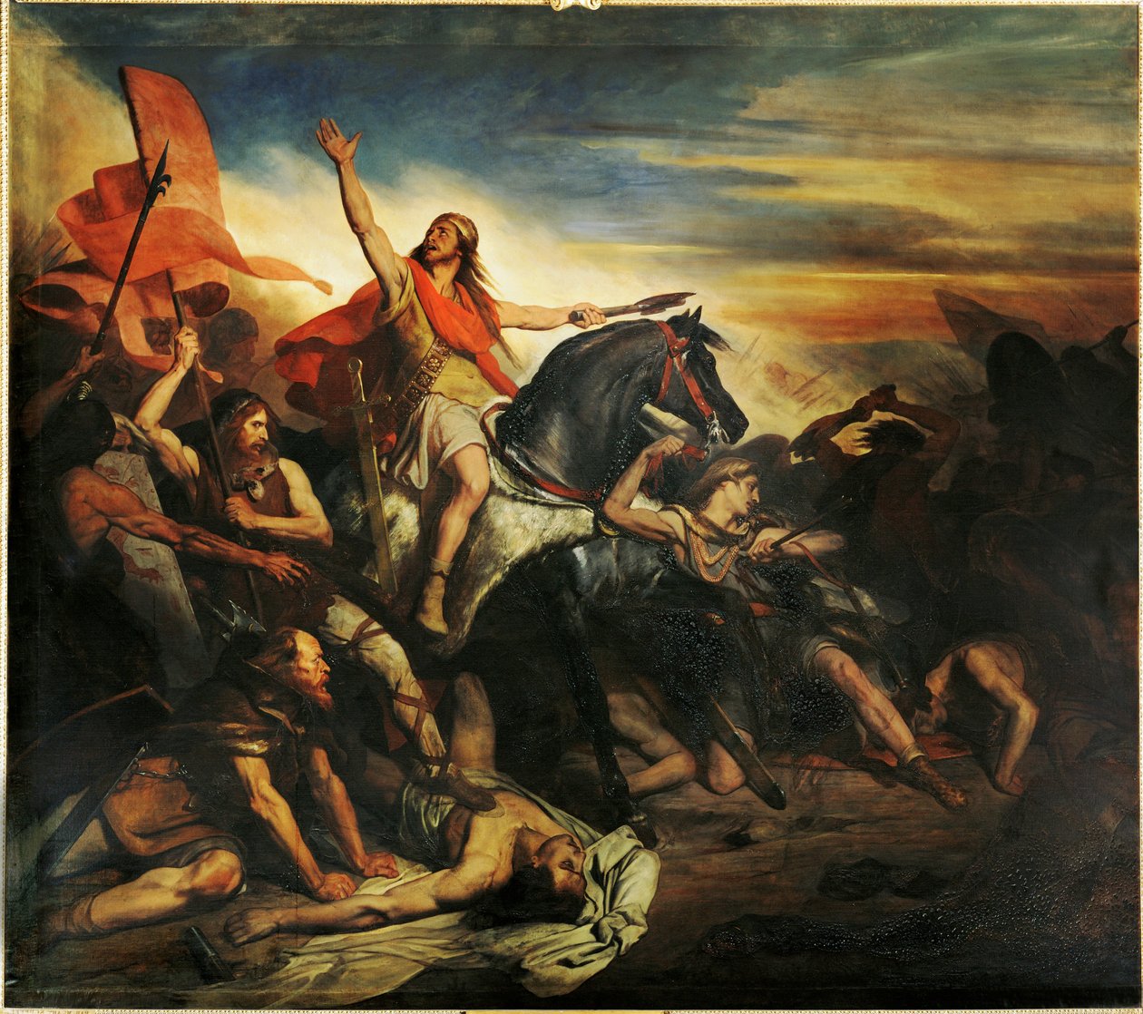 Slaget ved Tolbiac mellem alamannerne og Siegberts franker ... (maleri på lærred) af Ary Scheffer