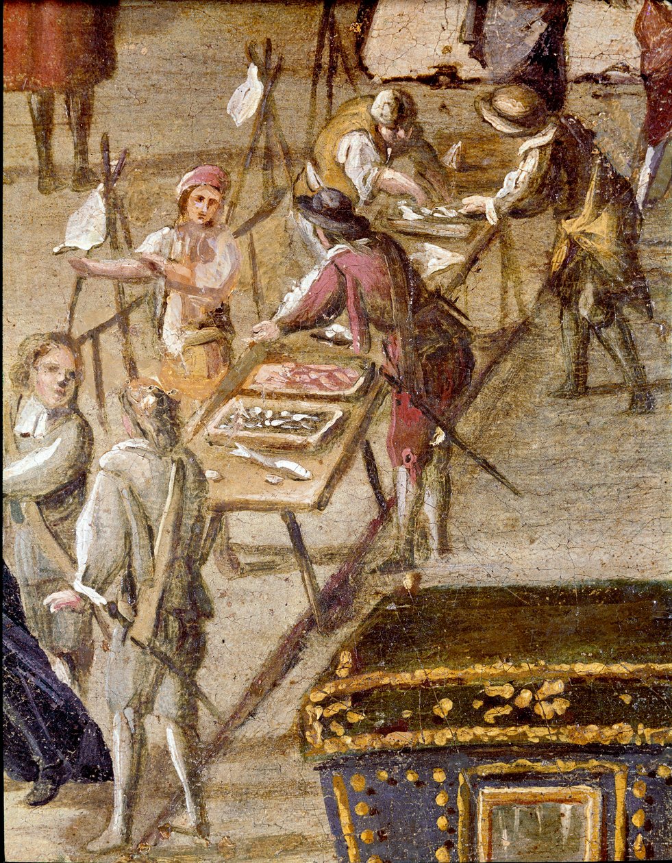 Sted for domstolen i Vicaria i Napoli på tidspunktet for Masaniellos revolution. Kriminelle er dommere før indgangen - Detalje, der repræsenterer fiskesælgere - Maleri af Ascanio Luciani (ca. 1621-1706) Napoli, Museo Nazionale di San Martino af Ascanio Luciani