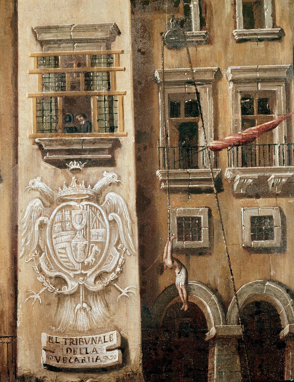 Sted for hoffet for Vicaria i Napoli på tidspunktet for Masaniellos revolution - Detalje af en mand, der hænger foran indgangen til paladset - Maleri af Ascanio Luciani (ca. 1621-1706) Napoli, Museo Nazionale di San Martino af Ascanio Luciani