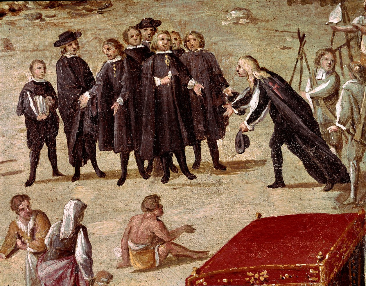 Sted for domstolen i Vicaria i Napoli på tidspunktet for Masaniellos revolution. Kriminelle er dommere før indgangen - Detalje, der repræsenterer en advokat, der fremlægger et andragende til en dommer - Maleri af Ascanio Luciani (ca. 1621-1706) Napoli, Mus af Ascanio Luciani