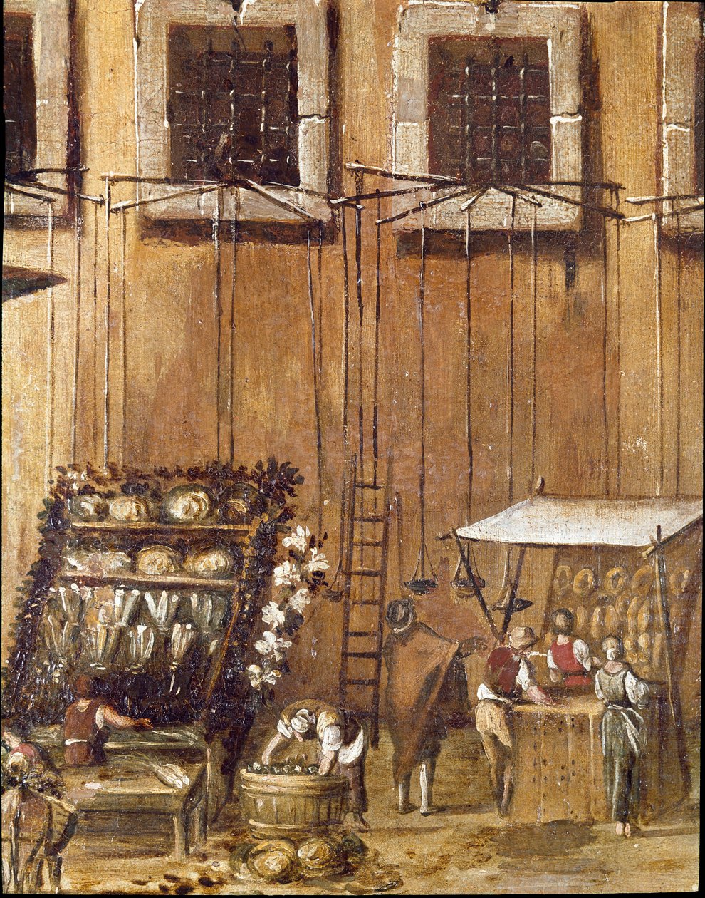 Sted for domstolen i Vicaria i Napoli på tidspunktet for Masaniellos revolution. Kriminelle er dommere før indgangen - Detalje, der repræsenterer sælgere af brød og fisk - Maleri af Ascanio Luciani (ca. 1621-1706) Napoli, Museo Nazionale di San Ma af Ascanio Luciani