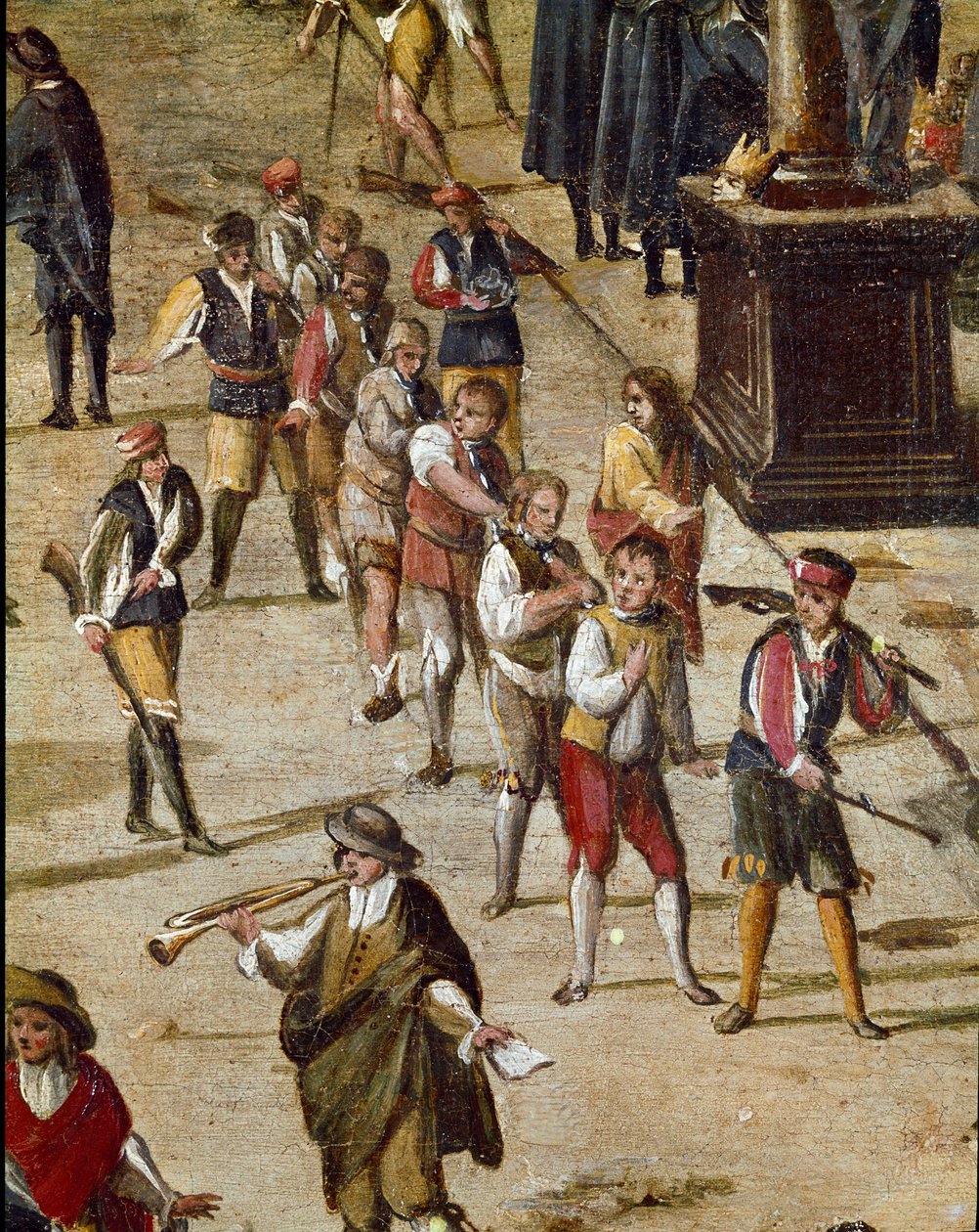 Sted for domstolen i Vicaria i Napoli på tidspunktet for Masaniellos revolution. Kriminelle er dommere før indgangen - Detalje, der viser en gruppe dømte lænket om halsen - Maleri af Ascanio Luciani (ca. 1621-1706) Napoli, Museo Nazional af Ascanio Luciani