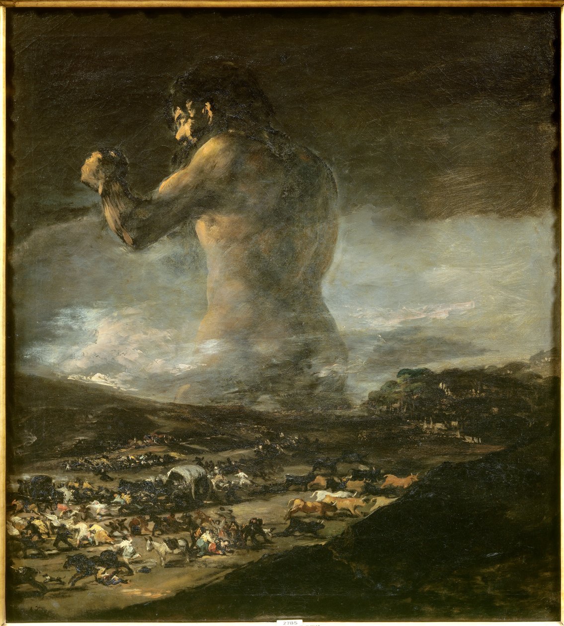 Colossus Silhouette af en kæmpe, der går gennem sletterne i et meget mørkt landskab og sår frygt, død, elendighed og flugt for det spanske folk. Det er et symbol på Spaniens uafhængighedskrig mod Napoleon I Bonaparte. Maleri længe tilskrevet Fra af Asensio Julia