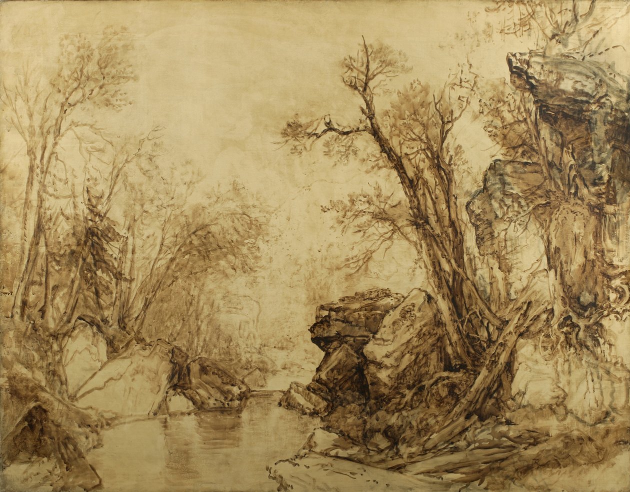 Landskab i sepia: Træer med bæk, 1854 (sepia olie på lærred) af Asher Brown Durand