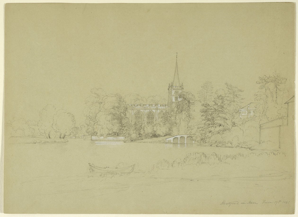 Parish Church, Stratford-on-Avon, England, 1841 (grafit og hvid gouache på gråt papir) af Asher Brown Durand