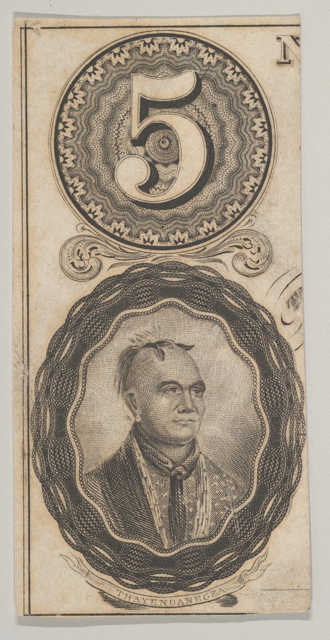 Seddelmotiver: tallet 5 og et portræt af Thayendanegea, ca. 1824-37. af Asher Brown Durand.