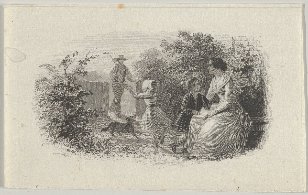 Seddelvignet med en familie i en have, ca. 1824-37. af Asher Brown Durand.