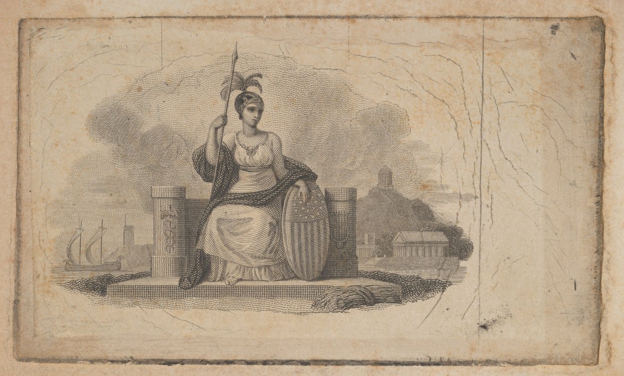 Seddelvignet med kvindefigur, der repræsenterer Amerika, ca. 1824-37. af Asher Brown Durand.