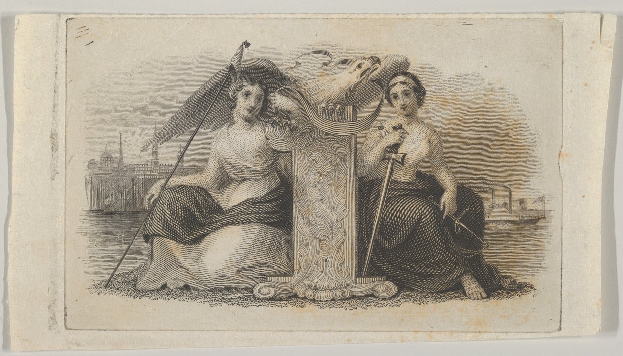 Seddelvignet med kvindefigurer, der repræsenterer Frihed og Retfærdighed, ca. 1824-37. af Asher Brown Durand.