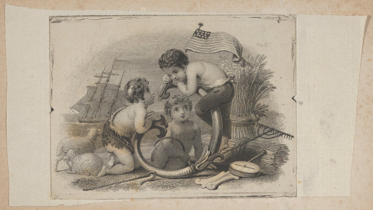 Seddelvignet med tre putti som hyrde, landmand og sømand, ca. 1824-37. af Asher Brown Durand.