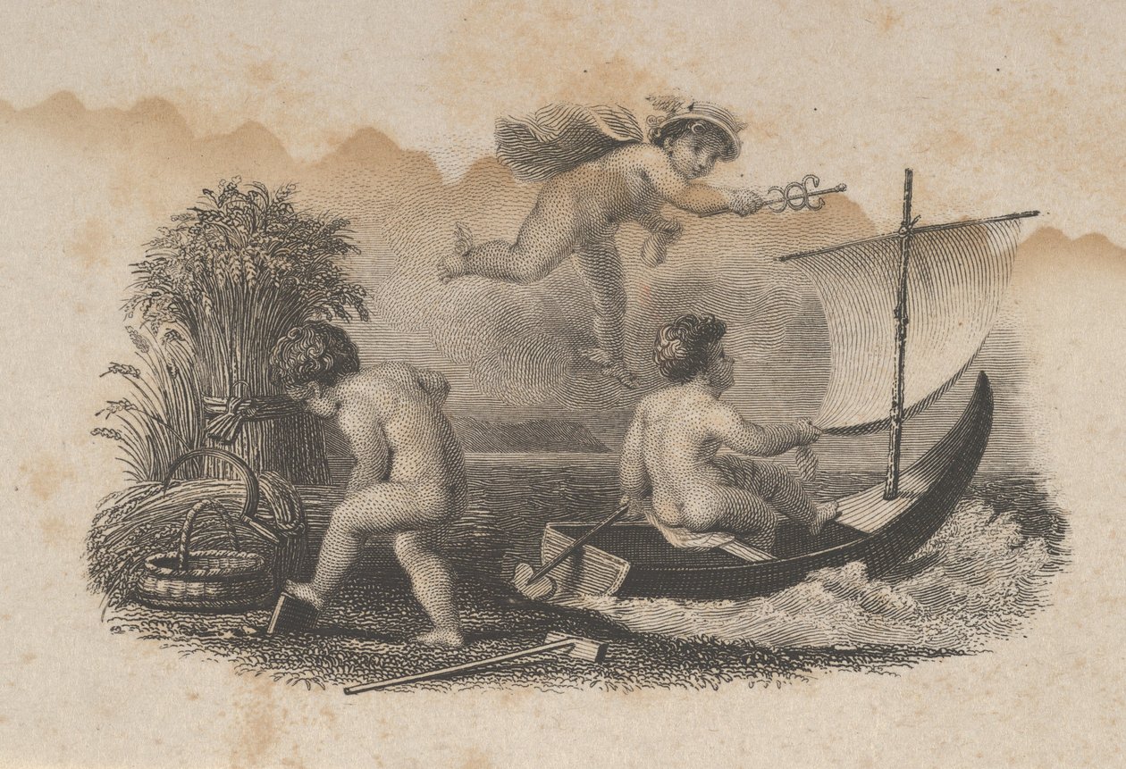 Seddelvignet med tre putti, der symboliserer handel og landbrug, ca. 1824-37. af Asher Brown Durand.