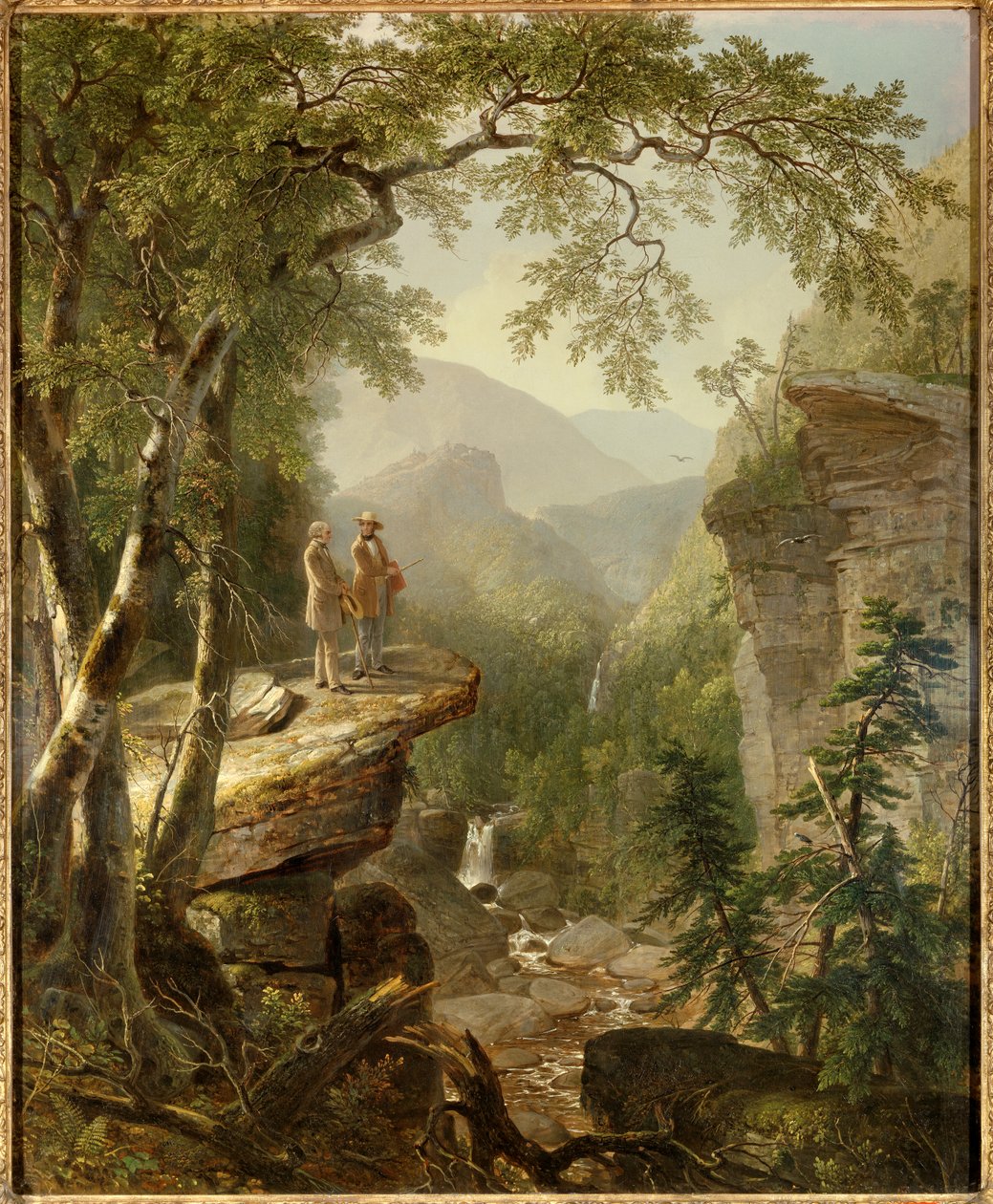 Åndens broderskab Maleren Thomas Cole (1801-1848) og digteren William Cullen Bryant (1794-1878) interagerer i et romantisk landskab. Maleri af Asher Durand (1796-1886) 1849 Privat samling - Kindred Spirits. Hudson Rivers store kunstner af Asher Brown Durand