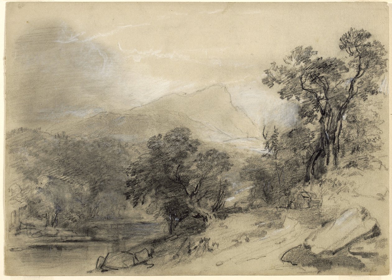 Studie til landskabskomposition: In the Catskills, 1848 (grafit, hvidt kridt, kul og hvid gouache med udkradsning og stumpning på khakipapir) af Asher Brown Durand