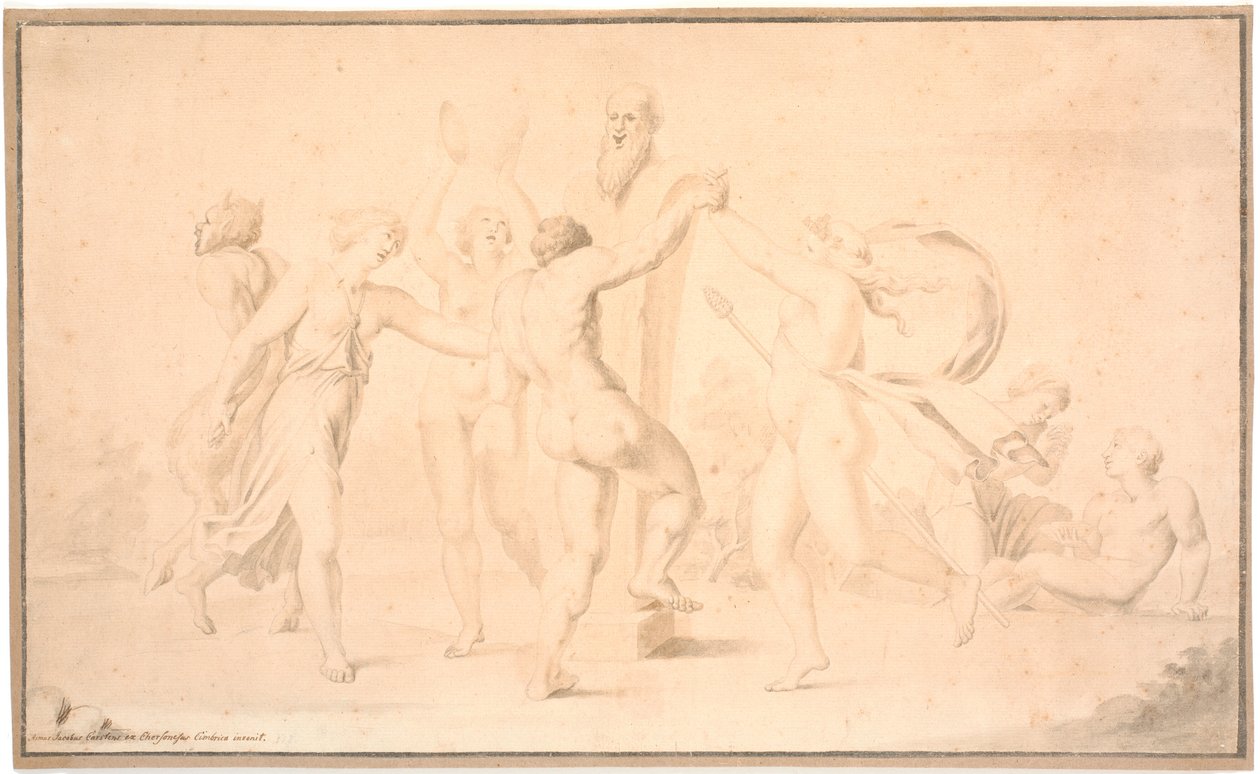 Bagerste kanal. En satyr, en hind og tre hinder danser om Priapsherme af Asmus Jacob Carstens