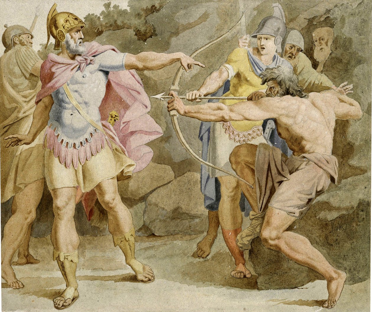 Philoctetes sigter mod Ulysses med Herkules sløjfe - Værk af Asmus Jacob Carstens (1754-1798), Blæk og akvarel på papir (49,5x58,5 cm) af Asmus Jacob Carstens