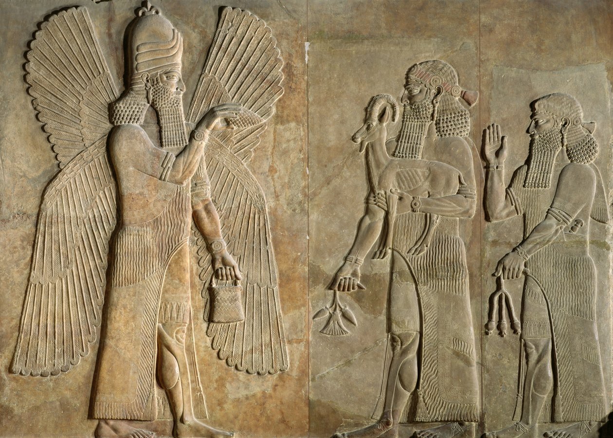 Frise, der afbilder en bevinget ånd, en sargon eller præst, der bærer en gazelle og en tilbeder, der bærer en valmuestængel, fra Palace of Sargon I, Khorsabad, Irak af Assyrian