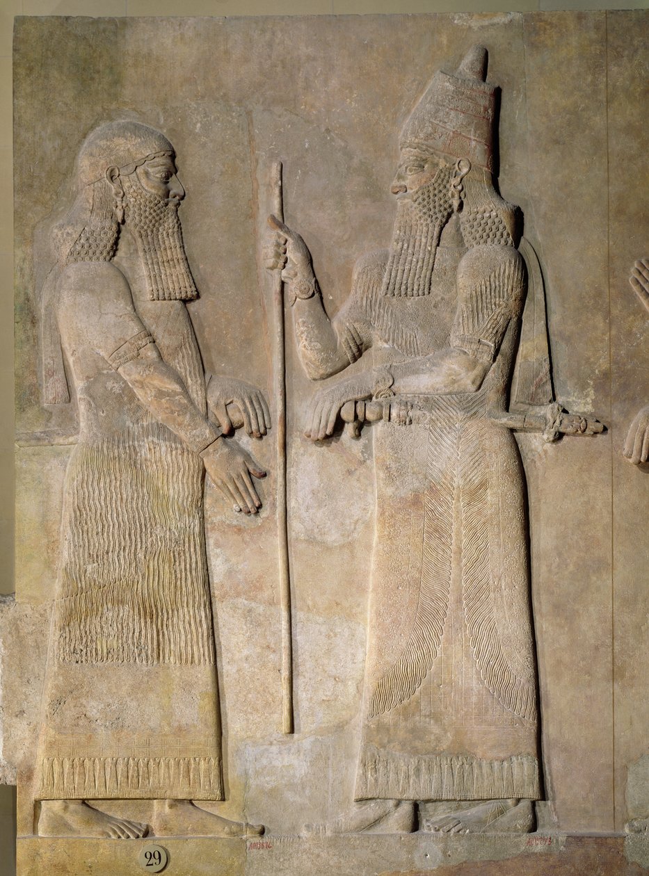 Relief forestillende Sargon II (721-705 f.Kr.) og en vesir, fra Palace of Sargon II i Khorsabad, Irak (gips) af Assyrian
