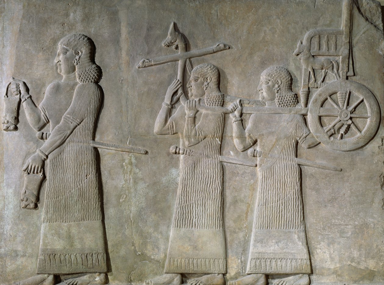 Relief, der viser tjenere, der bærer drikkekar og den kongelige vogn, fra Sargon II