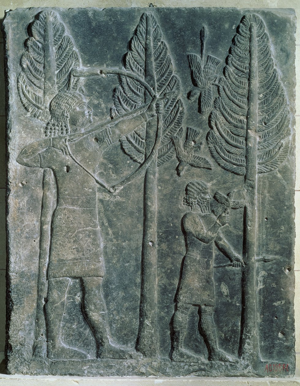 Relief, der viser jagten på fugle i skoven, fra Palace of Sargon II i Khorsabad, Irak (gips) af Assyrian